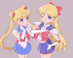 Rule 34 | 2girls, aino minako, bishoujo senshi sailor moon, blonde hair, blue eyes, bow, from above, gloves, highres, long hair, looking at viewer, magical girl, miniskirt, multiple girls, one eye closed, red bow, sailor moon, sailor v, short sleeves, skirt, tsukino usagi, twintails, very long hair, yyemoyy