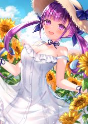 Rule 34 | 1girl, :d, blue bow, blue ribbon, bow, breasts, choker, cleavage, collarbone, day, dress, field, flower, flower field, hair bow, haruhitooo, hat, hat bow, highres, hololive, long hair, medium breasts, minato aqua, open mouth, outdoors, purple eyes, purple hair, ribbon, ribbon choker, skirt hold, sleeveless, sleeveless dress, smile, solo, standing, straw hat, sundress, sunflower, sunflower field, twintails, virtual youtuber, white dress, white hat, wrist ribbon, yellow flower