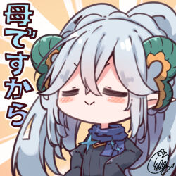 Rule 34 | 1girl, :&gt;, beni shake, black dress, blue scarf, blush stickers, chibi, closed eyes, closed mouth, commentary request, dress, facing viewer, fate/grand order, fate (series), grey hair, hair between eyes, horns, larva tiamat (fate), larva tiamat (second ascension) (fate), long hair, long sleeves, pointy ears, scarf, signature, sleeves past fingers, sleeves past wrists, solo, tiamat (fate), translation request, upper body, v-shaped eyebrows, very long hair