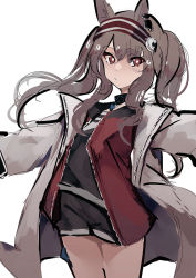 Rule 34 | 1girl, angelina (arknights), animal ears, arknights, black shirt, black shorts, blush, brown hair, closed mouth, hair between eyes, hairband, highres, jacket, long hair, long sleeves, looking at viewer, open clothes, open jacket, red eyes, red hairband, red jacket, shirt, short shorts, shorts, sidelocks, simple background, solo, striped clothes, striped hairband, tetuw, twintails, white background
