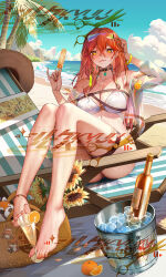 Rule 34 | 1girl, barefoot, basket, beach, bikini, blush, breasts, cleavage, collarbone, crossed bangs, day, earrings, eyewear on head, flower, food, gradient-tinted eyewear, hair between eyes, holding, holding food, holding popsicle, holding with feet, ice bucket, jewelry, large breasts, long hair, looking at viewer, nail polish, o-ring, o-ring thigh strap, o-ring top, open clothes, open shirt, orange hair, original, outdoors, popsicle, red nails, shirt, sitting, smile, solo, sunflower, sunglasses, swimsuit, thigh strap, toenail polish, toenails, toes, watermark, white bikini, white shirt, xue yue (zero), yellow bracelet, yellow eyes