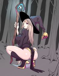 Rule 34 | 1girl, ass, bad id, bad twitter id, blonde hair, commentary request, forest, from behind, glowing, hat, hat ornament, high heels, long hair, looking at viewer, looking back, nature, original, panties, pelvic curtain, purple eyes, skull hat ornament, solo, squatting, staff, tree, underwear, velzhe, witch, witch hat, yellow panties