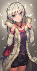 Rule 34 | 10s, 1girl, anastasia (idolmaster), blue eyes, blush, coat, fur trim, geeto gaadian, highres, idolmaster, idolmaster cinderella girls, jewelry, long sleeves, looking at viewer, necklace, open clothes, open coat, open mouth, parka, short hair, shorts, silver hair, solo