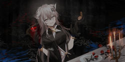 Rule 34 | 1girl, absurdres, alcohol, animal ear fluff, animal ears, arknights, black dress, black gloves, black jacket, candle, chihuri, cup, dress, drinking glass, fire, flower, gloves, grey eyes, grey hair, grin, hair between eyes, hair ornament, hairclip, hands up, highres, holding, holding cup, indoors, jacket, lappland (arknights), long sleeves, looking at viewer, on chair, open clothes, open jacket, plate, pocket watch, red flower, red pupils, red rose, rose, scar, scar across eye, scar on face, sharp teeth, smile, solo, table, teeth, watch, wide sleeves, wine, wine glass
