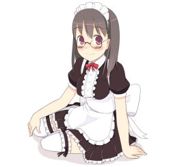 Rule 34 | 1girl, apron, blush, bow, breasts, brown hair, drop shadow, frilled thighhighs, frills, glasses, long hair, looking at viewer, maid, maid apron, maid headdress, neck ribbon, original, oza watto, pleated skirt, puffy short sleeves, puffy sleeves, red eyes, ribbon, semi-rimless eyewear, short sleeves, simple background, sitting, skirt, smile, solo, thighhighs, white background, white thighhighs, yokozuwari, zettai ryouiki