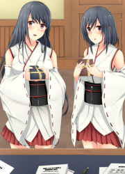Rule 34 | 2girls, :o, aga marino, black hair, blush, box, breasts, desk, detached sleeves, fusou (kancolle), gift, gift box, kantai collection, large breasts, long hair, looking at viewer, multiple girls, nontraditional miko, pleated skirt, red eyes, red skirt, short hair, skirt, yamashiro (kancolle)