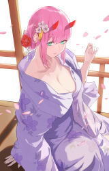Rule 34 | 1girl, absurdres, aqua eyes, breasts, cherry blossoms, cleavage, darling in the franxx, falling petals, fang5hine, floral print, flower, hair bun, hair flower, hair ornament, highres, horns, japanese clothes, kimono, large breasts, looking at viewer, oni horns, open clothes, open kimono, outdoors, parted lips, petals, pink hair, print kimono, purple kimono, red flower, red horns, rose, sidelocks, solo, white flower, yukata, zero two (darling in the franxx)