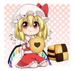 Rule 34 | 1girl, :t, blonde hair, blush, checkerboard cookie, chibi, cookie, eating, flandre scarlet, food, gradient background, hat, heart, looking at viewer, mini person, minigirl, mob cap, polka dot, polka dot background, puffy short sleeves, puffy sleeves, red eyes, red skirt, short sleeves, side ponytail, skirt, skirt set, solo, suwa yasai, touhou, vest, wings, wrist cuffs