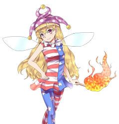 Rule 34 | &gt;:), 1girl, american flag dress, american flag legwear, blonde hair, blush, breasts, clownpiece, collar, dress, fairy wings, fire, frilled collar, frilled shirt collar, frills, hat, highres, jester cap, neck ruff, orinpachu, red eyes, simple background, sleeveless, sleeveless dress, small breasts, smile, solo, striped clothes, striped dress, torch, touhou, v-shaped eyebrows, wavy hair, wings
