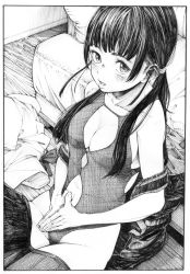 Rule 34 | 1girl, absurdres, black hair, black skirt, blush, breasts, cleavage, couch, cowboy shot, crosshatching, gagaimo, greyscale, hatching (texture), highres, long hair, looking at viewer, medium breasts, monochrome, one-piece swimsuit, original, own hands together, parted lips, sitting, skirt, solo, swimsuit, traditional media