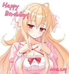 Rule 34 | 1girl, 2023, ahoge, alicetia wallenberg kezouji, blonde hair, blush, bow, breasts, cleavage, close-up, closed mouth, collarbone, commentary request, dated, eyelashes, eyes visible through hair, frown, hair between eyes, hair bow, happy birthday, head tilt, highres, jitome, juliet sleeves, large breasts, long hair, long sleeves, looking at viewer, multicolored hair, ncontrail (mgax7527), pink hair, primal hearts 2, puffy sleeves, purple skirt, red bow, red eyes, sidelocks, simple background, skirt, solo, streaked hair, white background, white bow