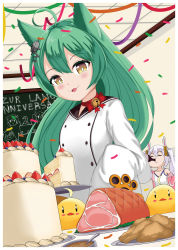 Rule 34 | 2girls, :3, absurdres, akashi (azur lane), animal ears, azur lane, bell, bottle, buttons, cake, camisole, cat ears, chalkboard, choker, confetti, double-breasted, drinking, fake animal ears, food, green hair, hair between eyes, highres, holding, holding plate, jacket, laffey (azur lane), long hair, meat, multiple girls, neck bell, pink jacket, plate, rabbit ears, sleeves past fingers, sleeves past wrists, table, warden (jadol 9), yellow eyes