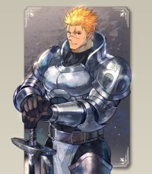 Rule 34 | arm armor, armor, bara, belt, blonde hair, chest plate, gauntlets, gloves, knight, leg armor, loincloth, looking at viewer, male focus, manly, mature male, muscular, muscular male, nikism, original, pectorals, scar, scar on face, shoulder armor, smile, solo, sword, thick arms, thick eyebrows, thick thighs, thighs, tight clothes, weapon, yellow eyes