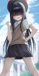 Rule 34 | 1girl, absurdres, alternate costume, beret, black hair, blue archive, blurry, blurry background, blush, breasts, brown sweater vest, clenched hand, cloud, collared shirt, cosplay, crossover, eyes visible through hair, grey skirt, hair between eyes, hat, hidulume, highres, highway, hime cut, justice task force member (blue archive), long bangs, long hair, looking at viewer, misaka mikoto (cosplay), open mouth, pleated skirt, school emblem, school uniform, shirt, signature, skirt, sky, small breasts, smile, solo, standing, summer uniform, sweater vest, toaru kagaku no railgun, toaru majutsu no index, tokiwadai school uniform, white shirt