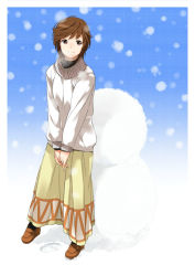 Rule 34 | amagami, brown eyes, brown hair, cho bi, dress, sakurai rihoko, snow, snowman, sweater