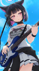 Rule 34 | 1girl, animal ears, black choker, black hair, black jacket, blue archive, blue sky, cat ears, choker, clothes around waist, cloud, colored inner hair, commentary request, guitar, hair ornament, hairpin, halo, highres, holding, holding guitar, holding instrument, instrument, jacket, jacket around waist, kazusa (band) (blue archive), kazusa (blue archive), looking at viewer, menchi-men, microphone, multicolored hair, official alternate costume, partial commentary, pink eyes, pink hair, pink halo, shirt, short hair, skirt, sky, solo, white shirt, white skirt