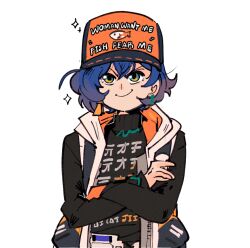 1girl belle_(zenless_zone_zero) black_shirt blue_eyes blue_hair closed_mouth crossed_arms english_text hat jacket kinzaibatsu91 long_sleeves meme open_clothes open_jacket orange_hat shirt short_hair simple_background smile smirk solo upper_body white_background women_want_me_fish_fear_me_(meme) zenless_zone_zero