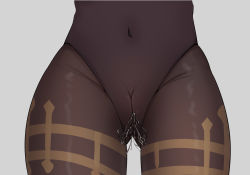 Rule 34 | 1girl, absurdres, bodystocking, bodysuit, brown bodysuit, brown leotard, cameltoe, cleft of venus, close-up, commentary request, covered navel, ganyu (genshin impact), genshin impact, highres, ldd.ek, leotard, no dress, pantyhose, pussy, pussy juice, see-through, simple background, solo, thigh gap, thighs, wet, wet clothes, white background
