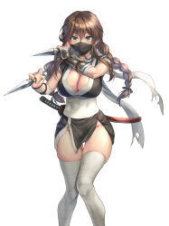 Rule 34 | 1girl, alternate costume, braid, breasts, brown hair, cleavage, feet out of frame, green eyes, highres, holding, holding weapon, kantai collection, katana, kokuzou, kunai, large breasts, long hair, mask, mouth mask, ninja, noshiro (kancolle), scarf, sheath, sheathed, sidelocks, simple background, solo, sword, twin braids, weapon, white background, white scarf