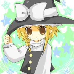 Rule 34 | 1girl, :&lt;, blonde hair, blush, bow, braid, brown eyes, buttons, female focus, front braid, frown, hair bow, hat, hat bow, kirisame marisa, long sleeves, lowres, side braid, single braid, solo, touhou, upper body, vest, white bow, witch hat, yuzuki (yuduame)