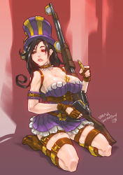 Rule 34 | 1girl, armor, between breasts, boots, breasts, bullet, caitlyn (league of legends), cleavage, collar, corset, dress, female focus, fingerless gloves, gloves, gun, hat, knee boots, kneeling, large breasts, league of legends, long hair, magazine (weapon), red eyes, rifle, romehamu, solo, strapless, strapless dress, thigh strap, top hat, weapon