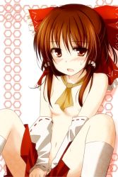 Rule 34 | 1girl, blush, brown eyes, brown hair, covering privates, covering crotch, detached sleeves, female focus, hair ribbon, hakurei reimu, japanese clothes, mashayuki, miko, navel, ribbon, solo, spread legs, sweatdrop, topless, touhou, v arms