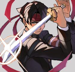 Rule 34 | 1boy, ace attorney, armband, black eyes, black hair, black jacket, buttons, closed mouth, frown, furrowed brow, grey background, headband, holding, holding sword, holding weapon, jacket, katana, kazuma asogi, long sleeves, looking at viewer, male focus, red headband, short hair, simple background, solo, sparkle, sword, the great ace attorney, upper body, wahootarou, weapon