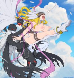 Rule 34 | afrobull, angel wings, angewomon, blonde hair, blush, breasts, breasts out, clothing cutout, colored skin, covered eyes, cum, digimon, digimon (creature), flying, futanari, highres, ladydevimon, large breasts, legs together, long hair, mask, multiple girls, navel, navel cutout, nipples, open mouth, cum overflow, rough sex, sex, smile, testicles, thigh strap, wings
