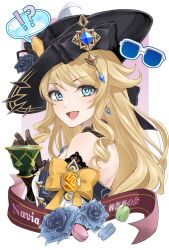 Rule 34 | !?, 1girl, :d, bare shoulders, black headwear, blonde hair, blue eyes, bow, commentary request, earrings, food, genshin impact, hanoi, highres, jewelry, long hair, looking at viewer, macaron, navia (genshin impact), open mouth, smile, solo, upper body, yellow bow