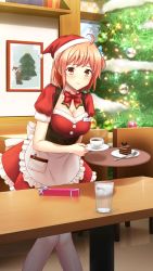 Rule 34 | 1girl, ahoge, apron, blush, bow, bowtie, box, breasts, character name, christmas tree, cleavage, closed mouth, detached collar, doukyuusei another world, frilled apron, frilled skirt, frills, fur-trimmed headwear, fur trim, game cg, gift, gift box, hat, holding, holding plate, indoors, large breasts, miniskirt, official art, orange hair, plate, red bow, red bowtie, red eyes, red hat, red shirt, red skirt, santa costume, santa hat, sendou chika, shirt, short hair, short sleeves, skirt, smile, solo, waist apron, waitress, white apron