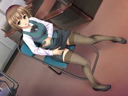 Rule 34 | 1girl, beelzebub (company), black bow, black bowtie, black thighhighs, blush, bow, bowtie, breasts, brown hair, chair, conveni shoujo z, feet, female focus, floor, full body, green vest, hair between eyes, hanakura yoshimi, indoors, legs, light blush, looking at viewer, original, parted lips, shoes, short hair, sitting, skirt, small breasts, solo, spread legs, table, thighhighs, thighs, vest, yellow eyes, zettai ryouiki