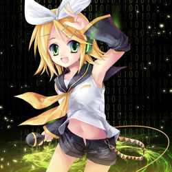 Rule 34 | 1girl, armpits, bad id, bad pixiv id, blonde hair, detached sleeves, green eyes, green hair, kagamine rin, lowres, matching hair/eyes, microphone, navel, ribbon, solo, sousouman, vocaloid