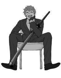 Rule 34 | 1boy, absurdres, black footwear, black necktie, black suit, blood, blood on face, chair, closed eyes, commentary request, fate/grand order, fate (series), formal, grey hair, greyscale, hand on own cheek, hand on own face, highres, itokon300, katana, long sleeves, male focus, monochrome, necktie, open mouth, saitou hajime (fate), sheath, sheathed, shirt, shoes, short hair, simple background, sitting, smile, solo, suit, sword, teeth, upper teeth only, weapon, white background, white shirt