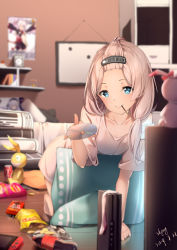 Rule 34 | 1girl, barefoot, bed, blue eyes, blurry, blurry background, blurry foreground, bookshelf, cd, chips (food), closed mouth, doll, food, food in mouth, game console, hair ornament, highres, holding, homu (honkai impact), honkai (series), honkai impact 3rd, indoors, long hair, looking at viewer, nintendo switch, pillow, playstation 4, pocky, poster (object), shirt, side ponytail, skysuy (2267420264), smile, solo, television, theresa apocalypse, white hair, white shirt