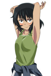 Rule 34 | 1girl, alternate costume, andou (girls und panzer), armpits, arms behind head, arms up, black hair, blue jacket, blush, brown eyes, closed mouth, clothes around waist, commentary, dark-skinned female, dark skin, girls und panzer, green shirt, half-closed eyes, highres, jacket, long sleeves, looking at viewer, medium hair, messy hair, military, military uniform, ooarai military uniform, pleated skirt, shirt, simple background, skirt, smile, solo, tank top, uniform, upper body, wakku kan, white background, white skirt