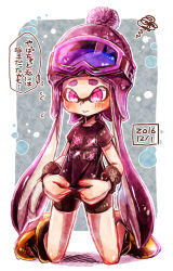 Rule 34 | 1girl, armband, bad id, bad pixiv id, bike shorts, black shirt, black shorts, blunt bangs, bobblehat, closed mouth, dated, fangs, full body, fume, goggles, goggles on headwear, harutarou (orion 3boshi), hat, highres, inkling, inkling girl, inkling player character, kneeling, light frown, looking down, nintendo, outside border, pink eyes, pink hair, pink hat, pointy ears, print shirt, shirt, shirt tug, shoes, short sleeves, shorts, single vertical stripe, solo, sparkle, splatoon (series), splatoon 1, squiggle, t-shirt, tentacle hair, translated, yellow footwear