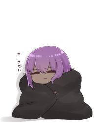Rule 34 | 1girl, :i, = =, blanket, chibi, closed eyes, closed mouth, dark-skinned female, dark skin, facing viewer, fate/prototype, fate/prototype: fragments of blue and silver, fate (series), female focus, hair between eyes, hassan of serenity (fate), highres, i.u.y, purple hair, shadow, solo, translation request, white background