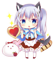 Rule 34 | 1girl, angora rabbit, animal, animal ear fluff, animal ears, apple, bitter crown, black skin, blue bow, blue capelet, blue eyes, blue hair, blush, bow, capelet, chestnut mouth, chibi, claw pose, colored skin, commentary request, cookie, food, frilled skirt, frills, fruit, full body, gochuumon wa usagi desu ka?, hair between eyes, hair ornament, hands up, heart, kafuu chino, kemonomimi mode, long hair, pantyhose, parted lips, rabbit, red apple, shirt, side ponytail, skirt, sparkle, standing, striped, striped bow, tail, tippy (gochiusa), very long hair, white background, white pantyhose, white shirt, wolf ears, wolf girl, wolf tail, x hair ornament