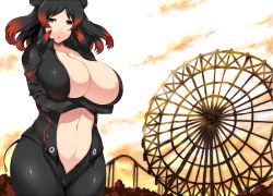 Rule 34 | 1girl, animal ears, black eyes, black hair, breast hold, breasts, cleavage, closed mouth, collared jacket, crossed arms, curvy, day, expressionless, ferris wheel, gloves, groin, half-closed eyes, hand on own arm, high collar, hippopotamus (kemono friends), hippopotamus ears, huge breasts, jacket, kemono friends, looking at viewer, medium hair, multicolored hair, navel, no bra, open clothes, open jacket, outdoors, pants, parted bangs, red hair, skindentation, sky, solo, standing, stomach, tsukasawa takamatsu, two-tone hair, upper body, wide hips, zipper pull tab