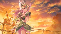 Rule 34 | 1girl, anbe yoshirou, armor, bad id, bad twitter id, blonde hair, breasts, bridal gauntlets, cleavage, closed mouth, cloud, cloudy sky, collarbone, dress, feather trim, feathers, green dress, helmet, highres, holding, holding weapon, long hair, looking away, medium breasts, outdoors, polearm, purple eyes, riesz, seiken densetsu, seiken densetsu 3, short dress, shoulder armor, simple background, sky, solo, spear, sunset, teardrop, tears, weapon, winged helmet