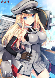 Rule 34 | 10s, 1girl, artist name, bismarck (kancolle), blonde hair, blue eyes, breasts, brown gloves, cannon, detached sleeves, gloves, hand on own hip, hat, kantai collection, large breasts, long hair, looking at viewer, md5 mismatch, military, military uniform, peaked cap, personification, sayori (neko works), solo, thighhighs, translation request, uniform