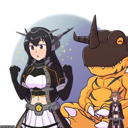 Rule 34 | 10s, 2girls, :d, ^ ^, admiral (kancolle), black gloves, black hair, brown eyes, brown hair, closed eyes, coat, commentary, crossover, digimon, digimon (creature), digimon adventure, fingerless gloves, gloves, greymon, headgear, kantai collection, long hair, multiple girls, mutsu (kancolle), nagato (kancolle), navel, non-human admiral (kancolle), open mouth, pleated skirt, rukotaro, short hair, sitting, skirt, smile, sparkle