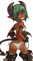 Rule 34 | 1girl, ass, back, bandeau, bare arms, bare shoulders, black tail, black wings, breasts, commentary request, cowboy shot, dark-skinned female, dark skin, demon girl, demon horns, demon tail, demon wings, dimples of venus, from behind, garoudo (kadouhan&#039;i), gloves, green hair, grey horns, grin, hand on own hip, horns, legs apart, looking at viewer, looking back, low wings, lowleg, lowleg panties, open mouth, original, panties, petite, pointy ears, red eyes, sharp teeth, shiny skin, short hair, shoulder blades, side-tie panties, simple background, slit pupils, small breasts, smile, solo, spikes, standing, striped clothes, striped panties, tail, teeth, thick eyebrows, thighhighs, underwear, v-shaped eyebrows, white background, white gloves, wings