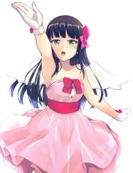 Rule 34 | 1girl, :o, angel wings, arm up, armpits, black hair, blunt bangs, bow, clenched hand, commentary request, dress, facial mark, flower, gloves, green eyes, hair bow, hair flower, hair ornament, heart, highres, kurosawa dia, long hair, love live!, love live! school idol festival, love live! sunshine!!, mole, mole under mouth, nanotsuki, pink bow, pink dress, red bow, sash, simple background, solo, strapless, strapless dress, white background, white gloves, white wings, wings