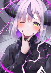 Rule 34 | 1girl, absurdres, black choker, blush, braid, choker, closed mouth, commentary, cross, cross earrings, demon girl, demon horns, earrings, glint, grey hair, highres, hololive, horns, jewelry, la+ darknesss, long sleeves, looking at viewer, medium hair, multicolored hair, nicky0, one eye closed, pointy ears, purple hair, purple nails, revision, ring, sidelocks, solo, streaked hair, striped horns, upper body, v, v over mouth, virtual youtuber, yellow eyes