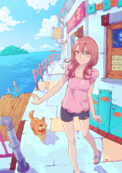 Rule 34 | 1girl, absurdres, aqua eyes, bike shorts, blush, cloud, colorful, day, dog, heart, highres, long hair, ocean, original, outstretched arm, outstretched hand, perspective, purple hair, railing, sandals, sky, smile, solo, tanuki koubou, water