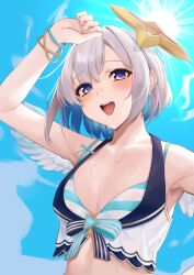 Rule 34 | 1girl, absurdres, amane kanata, arm up, bikini, blue bikini, blue hair, blue sky, breasts, cloud, colored inner hair, commentary request, facing viewer, feathered wings, grey hair, halo, halterneck, highres, hololive, layered bikini, looking ahead, mini wings, multicolored hair, open mouth, purple pupils, short hair, sky, small breasts, smallpine 7, smile, solo, star halo, sun, sweat, swimsuit, teeth, tongue, upper body, virtual youtuber, white wings, wings, yellow eyes, yellow halo