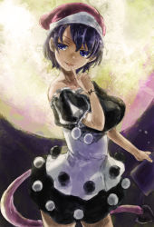 Rule 34 | 1girl, :3, bare shoulders, blue eyes, blue hair, book, breasts, doremy sweet, dress, finger to mouth, full moon, hat, holding, holding book, impossible clothes, impossible dress, large breasts, looking at viewer, matching hair/eyes, moon, nightcap, off shoulder, open mouth, pom pom (clothes), short dress, short hair, smile, solo, tail, tapir tail, touhou, v-shaped eyebrows, yohane