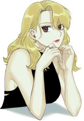 Rule 34 | 1girl, bare shoulders, blonde hair, breasts, brown eyes, closed mouth, dress, earrings, elbow rest, eyelashes, fullmetal alchemist, hair between eyes, hands up, highres, jewelry, lipstick, looking at viewer, makeup, nail polish, ozaki (tsukiko3), pink nails, red lips, ring, riza hawkeye, sleeveless, sleeveless dress, solo, turtleneck, upper body, white background