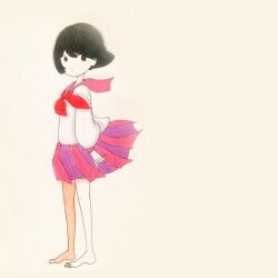 Rule 34 | 1girl, barefoot, black eyes, black hair, commentary, from side, full body, long sleeves, looking at viewer, looking to the side, neckerchief, negative space, original, pink sailor collar, pink skirt, pleated skirt, red neckerchief, sailor collar, sailor shirt, school uniform, serafuku, shirt, short hair, simple background, skirt, solo, standing, tokunaga aoi, traditional media, white background, white shirt, wind
